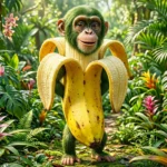 Italian Brainrot character Chimpanzini Bananini depicted as a green chimpanzee head emerging from a large yellow banana body in a tropical jungle