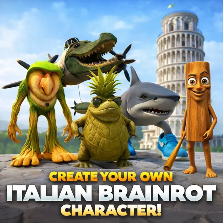 Italian Brainrot characters resembling Tralalero Tralala Bombardiro Crocodilo Ballerina Cappuccina and other surreal meme creatures in front of the Leaning Tower of Pisa with the text Create Your Own Italian Brainrot Character