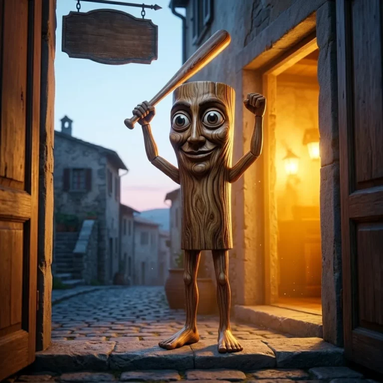 Tung Tung Tung Sahur Italian Brainrot character standing silently in doorway with raised bat at pre-dawn