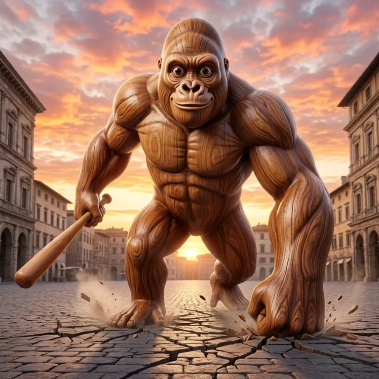 Tung Tung Tung Sahur Italian Brainrot character transformed into massive wooden gorilla smashing the ground at dawn