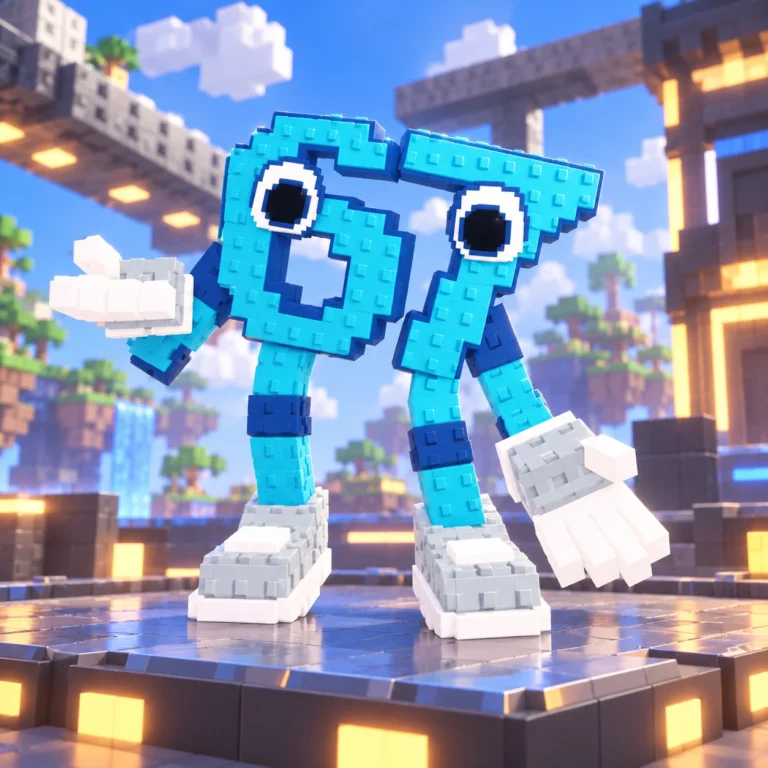 Italian Brainrot character 67 depicted as two blocky blue digits, a six and a seven, with big round eyes, white gloves and grey-white sneakers in a bright blocky world