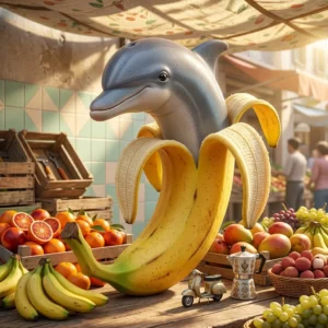 Italian Brainrot character Bananita Dolfinita depicted as a smiling dolphin with a bright yellow banana body leaping at a colorful fruit market stall