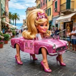 Italian Brainrot Character Barbie Bambola Cabriolettina, a glossy pink plastic doll whose lower body fuses into a miniature convertible car, chrome bumpers and tiny wheels where her legs should be, rhinestone sunglasses.
