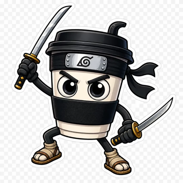 Transparent PNG sticker featuring Cappuccino Assassino Italian Brainrot coffee ninja with bold outline and katanas