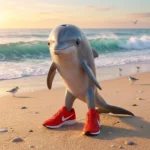 Italian Brainrot character Dolpalero Dalfala depicted as a sleek grey dolphin standing in bright red sneakers on a sunny beach
