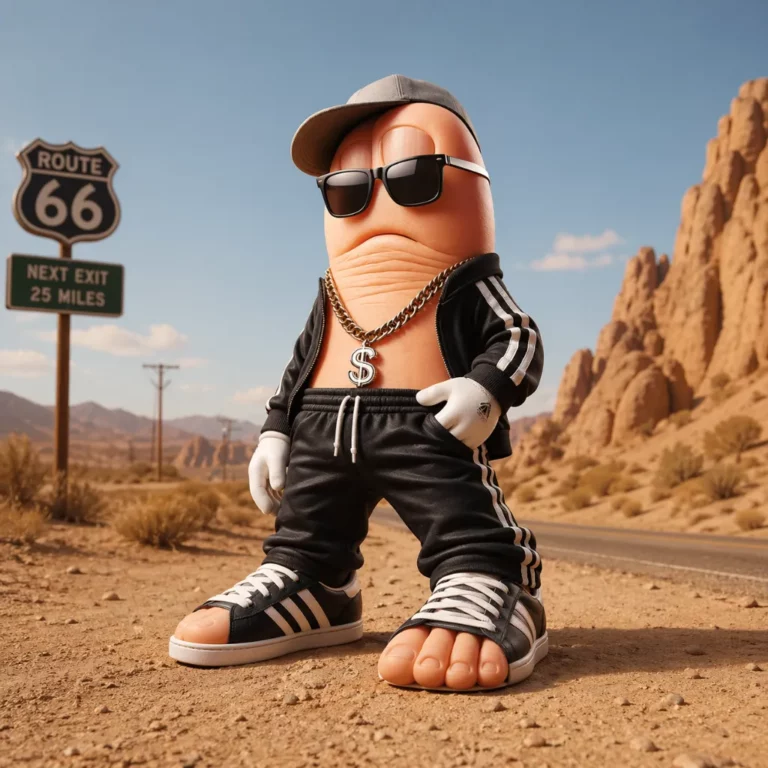 Gangster Footera Italian Brainrot foot in sunglasses, cap, chain and tracksuit posing full body in a desert