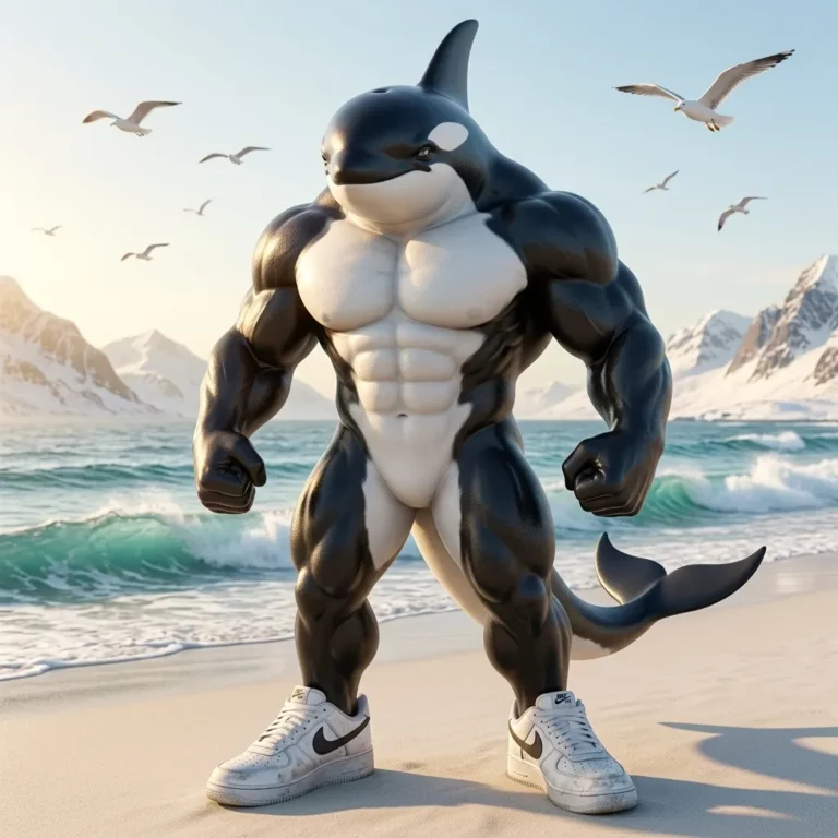 Italian Brainrot character Orcalero Orcala depicted as a muscular black and white killer whale standing upright in white Nike sneakers on a sunny beach