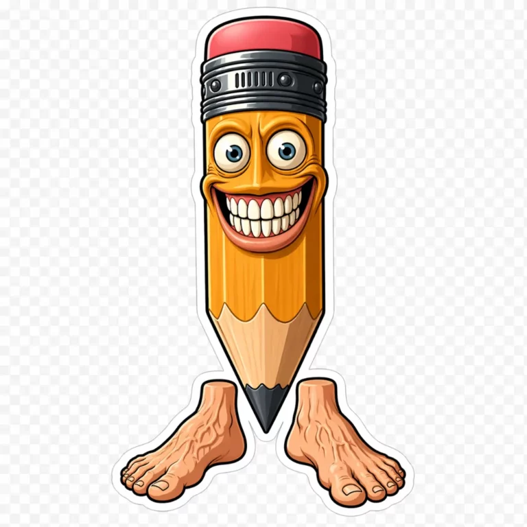 Pakrahmatmamat Italian Brainrot transparent PNG sticker with pencil body, pink eraser cap, huge grin, and human feet