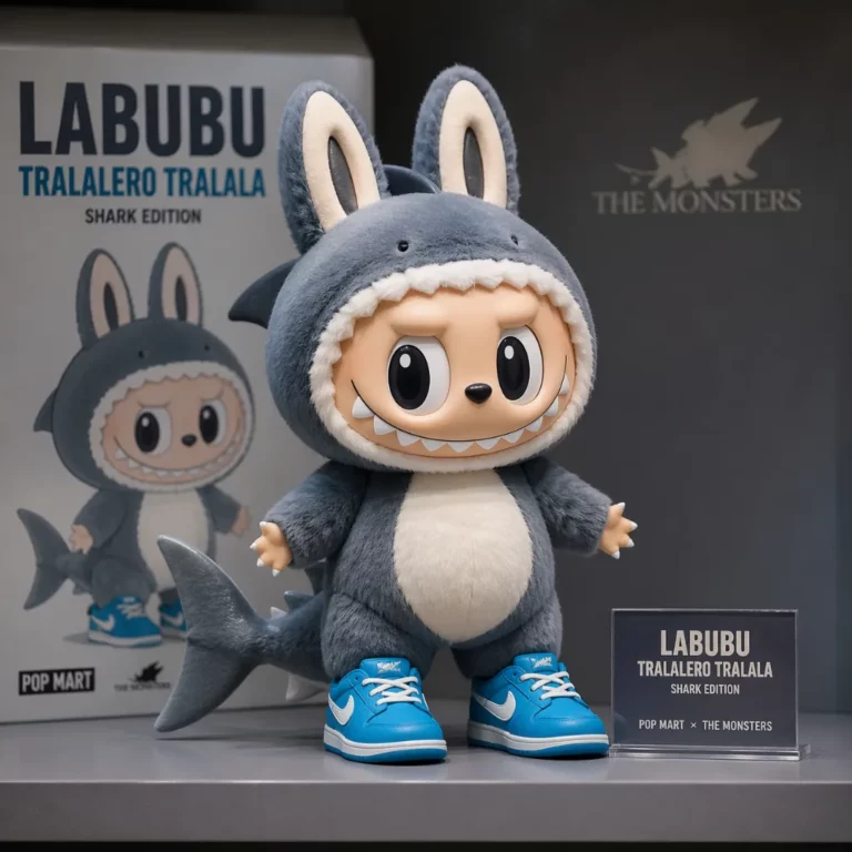 Tralalero Tralala Labubu figure designed as a shark-inspired collectible with bright blue shoes