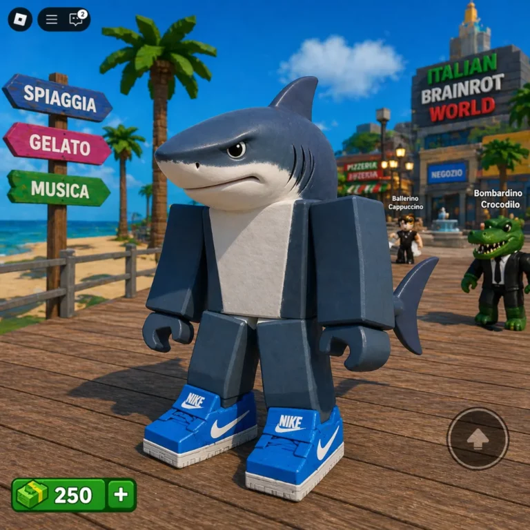 Roblox character of Tralalero Tralala standing in a beach game environment with blue sneakers