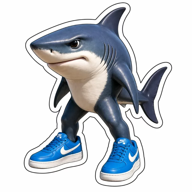 Italian Brainrot character Tralalero Tralala in a clean sticker pose with one arm raised and blue sneakers