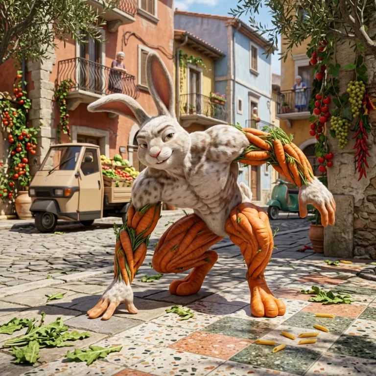 Italian Brainrot character Carrotino Rabbiti depicted as A muscular Rabbit with carrot arms and legs that are muscular, with friendly facial expression