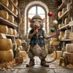 Italian Brainrot character Cheese Rattatino depicted as A spooky old cheese rat, with juggling balls