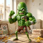 Italian Brainrot character Cucumber Hammerino depicted as A muscular cucumber with hammer, powerful, with skinny legs.