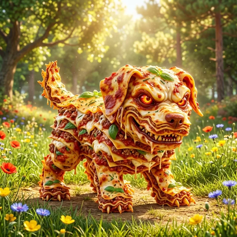 Italian Brainrot character Lasagnito Pup depicted as A powerful and strong lasagna puppy