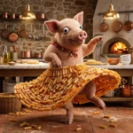 Italian Brainrot Character Rigatoni Gabagooli, a pink pig with a skirt of ridged pasta tubes, dancing with one leg raised and a gleeful expression in a warm kitchen setting
