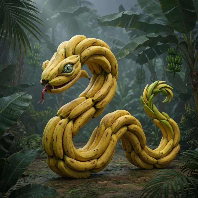 Italian Brainrot Character Snake Serpentini Bananini, a coiled serpent made of interconnected yellow bananas with a banana head featuring hypnotic eyes and forked tongue, curved banana-peel tail, in stealthy crouched spy pose among tropical foliage.