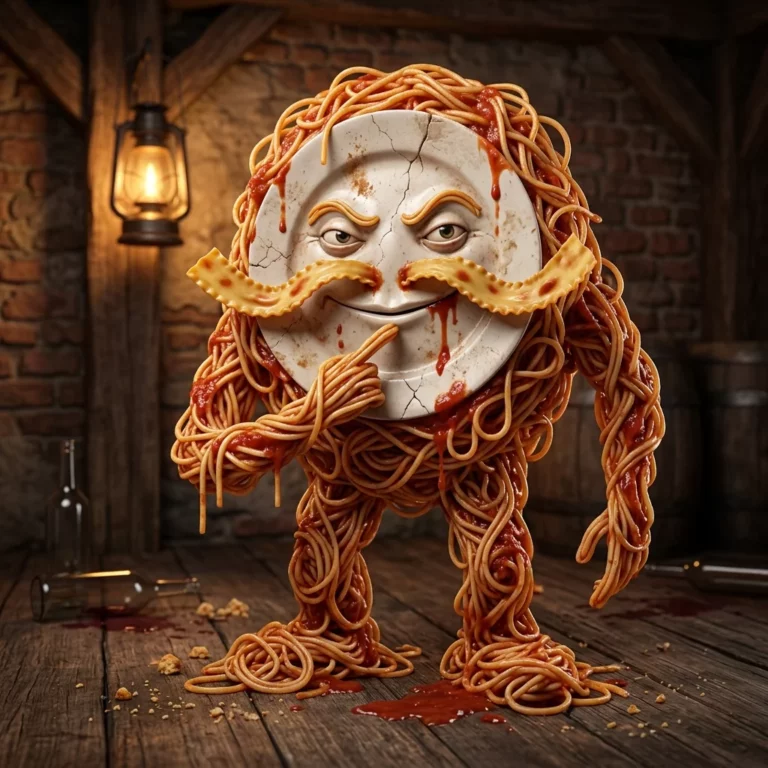 Italian Brainrot Character Spaghettino Malfunziono, chaotic pasta creature of tangled spaghetti with broken ceramic plate face, noodle mustache, dripping tomato sauce, mischievous expression in rustic wooden tavern setting